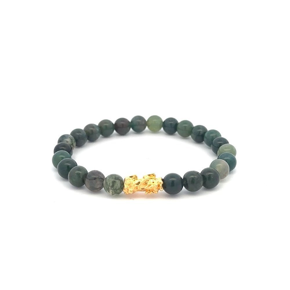 18K Gold Pixiu Piyao Bracelet Elastic Natural Gemstones Moss Agate 6mm